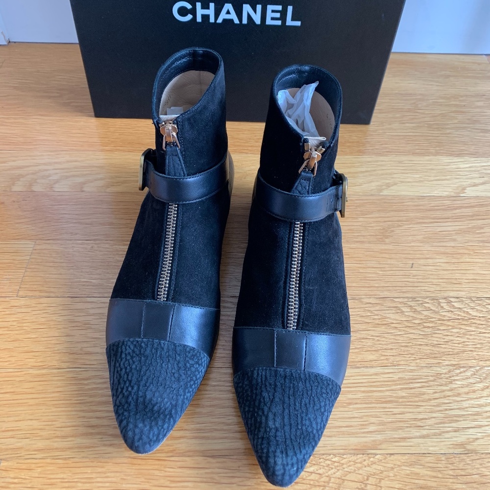 Chanel Pointed Multi Material Zip & Buckle Bootie